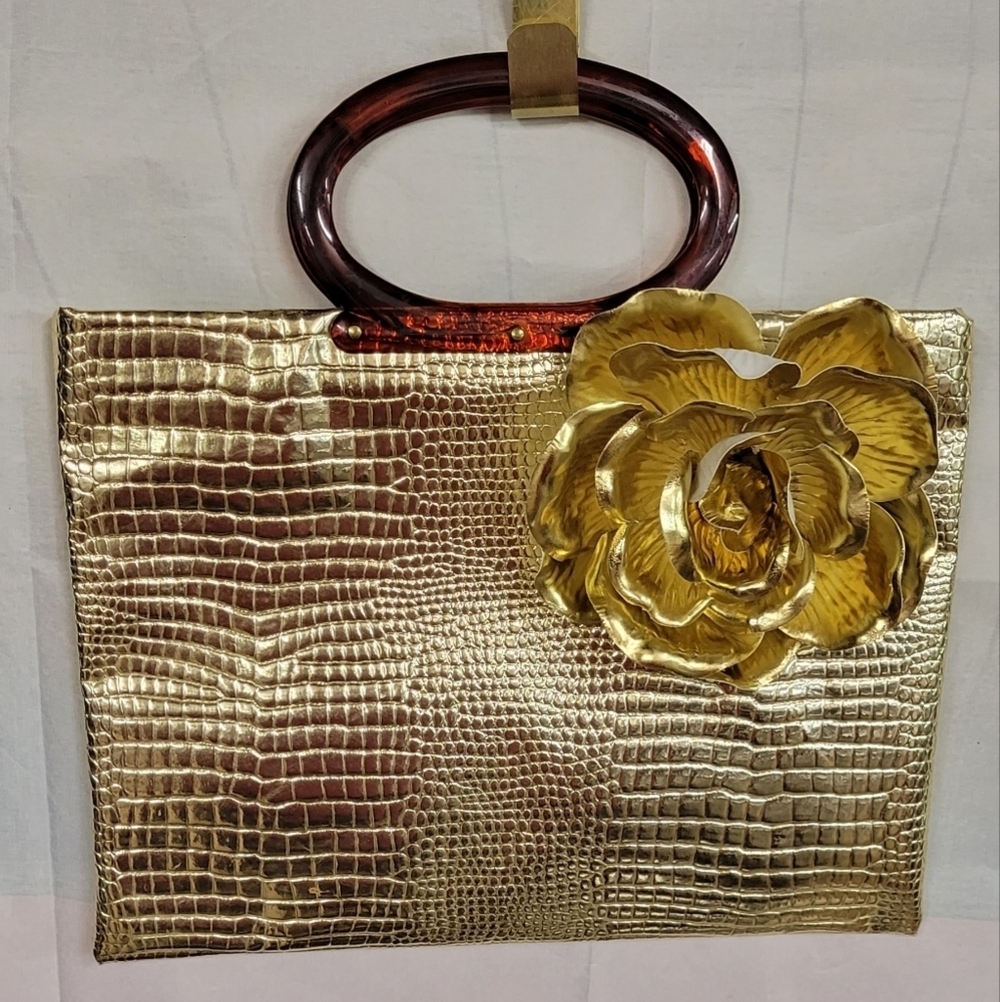Gold Floral Animal Faux Alligator Skin 15 x 12 x 1 Flat Zipper Purse Vintage